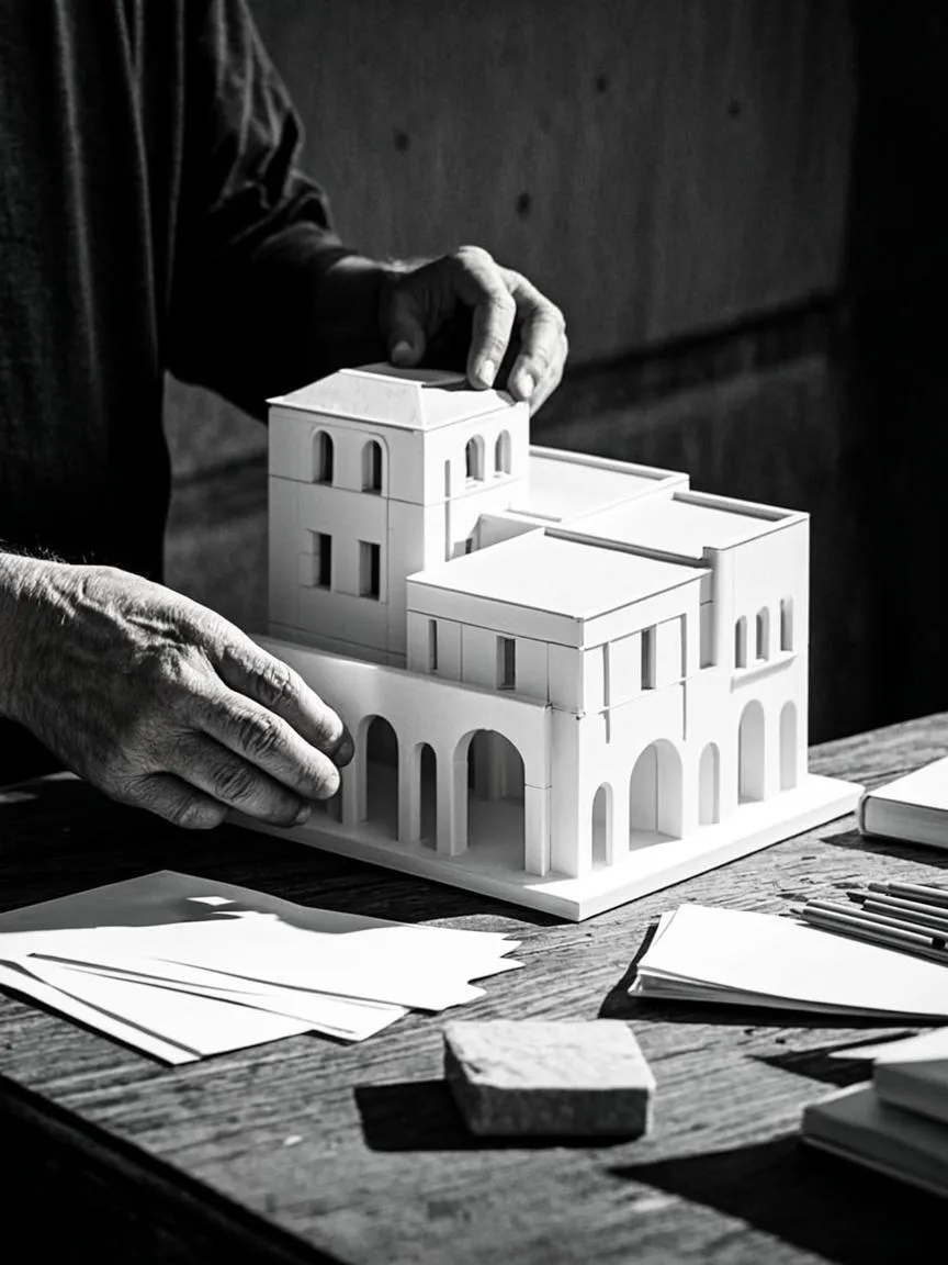Craftsman’s hands assembling a white architectural scale model of a house